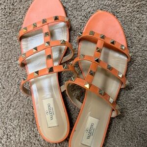 Valentino Orange Leather Pyramid-Stud Strappy Flat Sandals